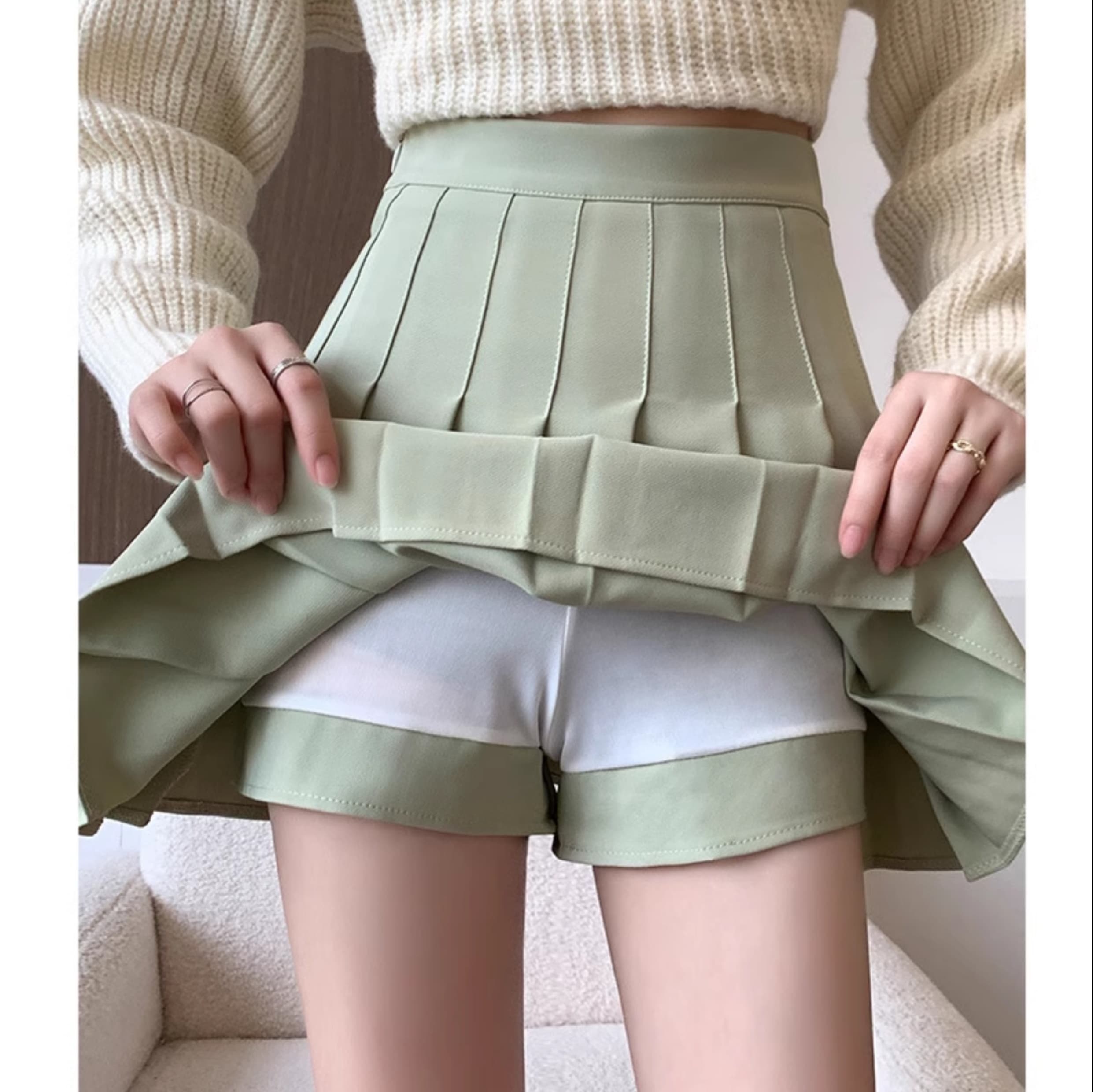 キュロットスカート　プリーツ切替 ゴルフ 長めキュロットスカート