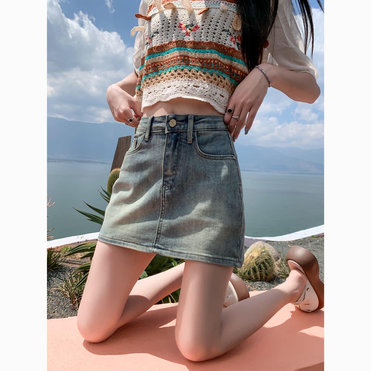 キュロットスカート すっきりシルエット ミニデニムスカート