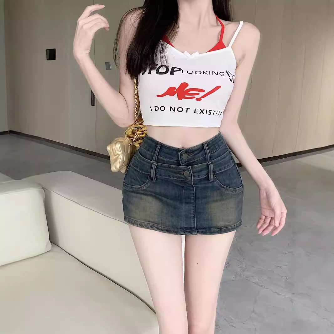 キュロットスカート 重ね着風デニムミニスカート