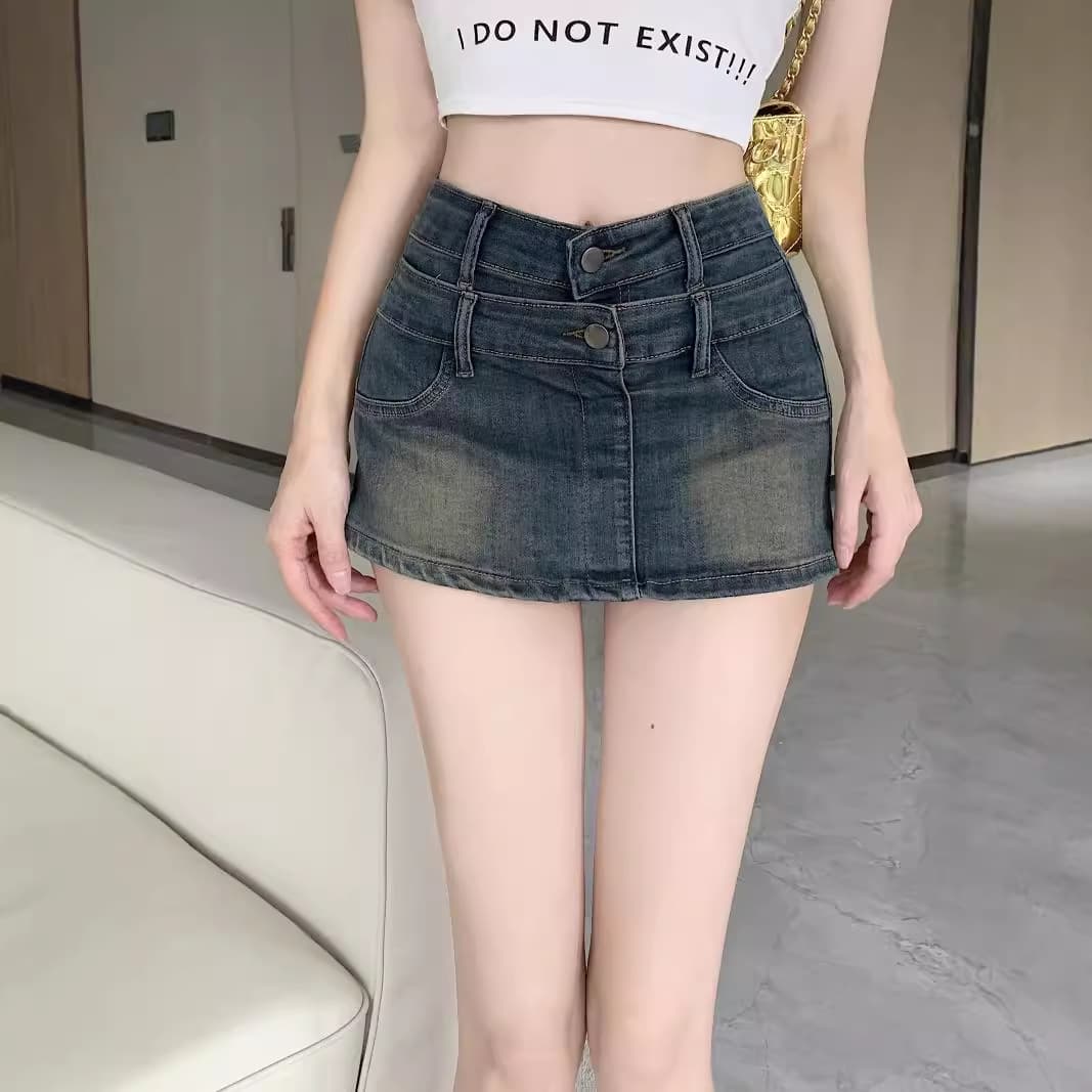 キュロットスカート 重ね着風デニムミニスカート