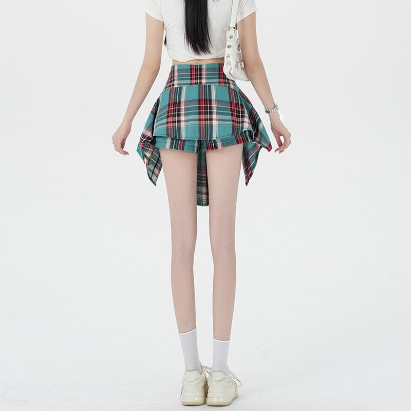 キュロットスカート ウエストリボン タータンキュロット